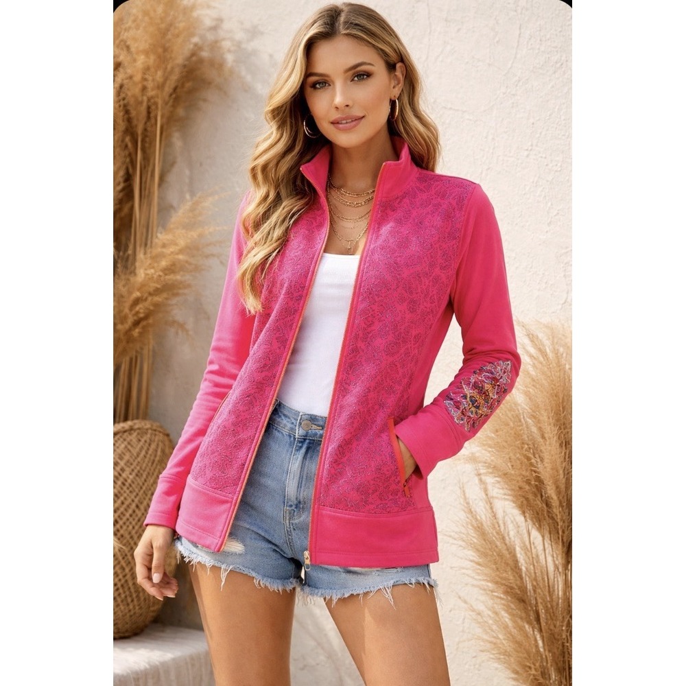 Y2K Disney Parks Women Jacket M Pink Paisley‎ Embroidered Zip Boho Festival